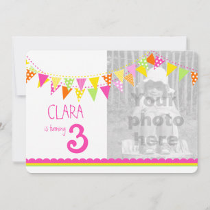 Colourful flags girls 3rd birthday party invite
