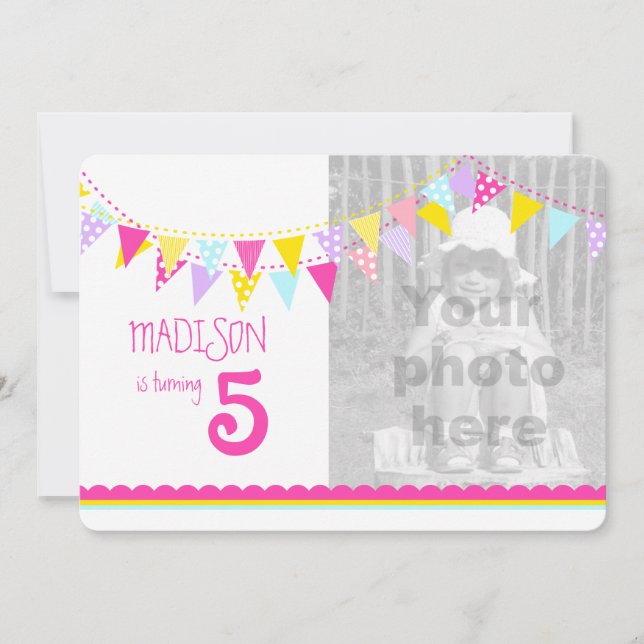 Colourful flags girls 5th birthday party invite (Front)
