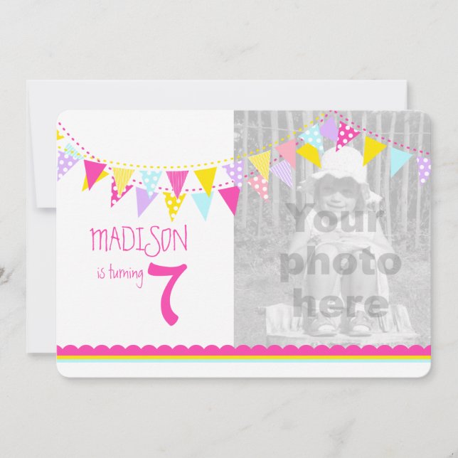 Colourful flags girls 7th birthday party invite (Front)