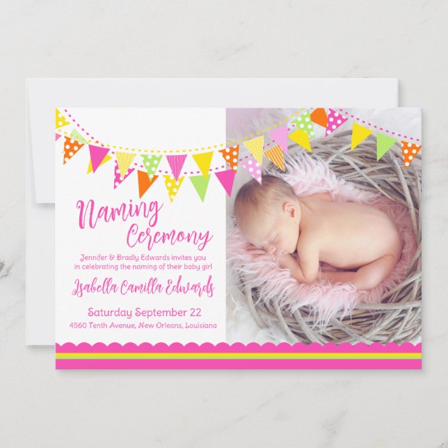 Colourful flags girls baby naming invite (Front)