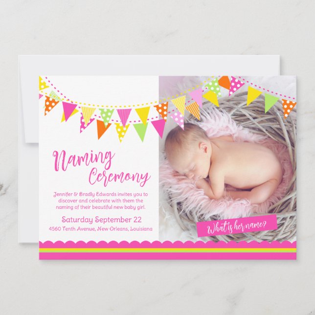 Colourful flags girls what is her name baby naming invitation (Front)
