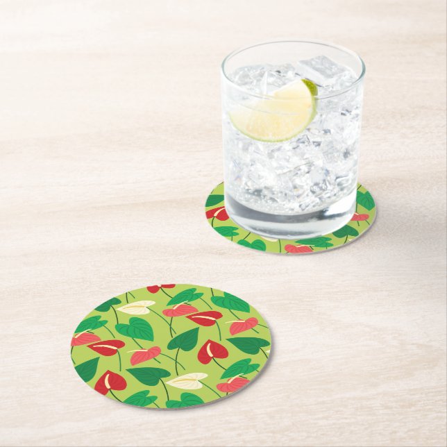 Colourful flamingo flowers pattern round paper coaster (Insitu)