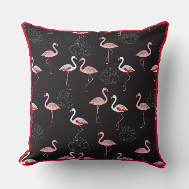 Colourful Flamingo Pattern on Black Background Cushion (Front)