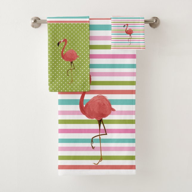 Colourful Flamingo Tropical Stripes Polka Dot Bath Towel Set (Insitu)