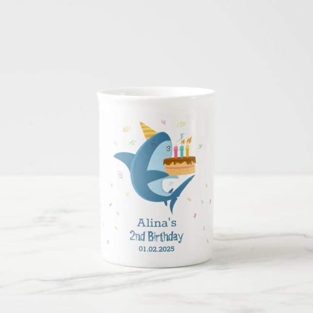 Colourful Flat Simple Baby Sharks Birthday Party Bone China Mug (Front)