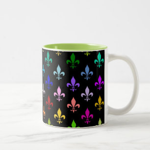Colourful fleur de lis pattern on black Two-Tone coffee mug
