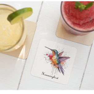 Colourful Flight, watercolor hummingbird custom Glass Coaster