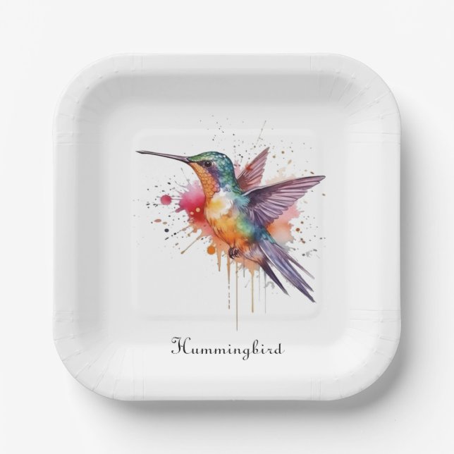 Colourful Flight, watercolor hummingbird custom Paper Plate (Front)