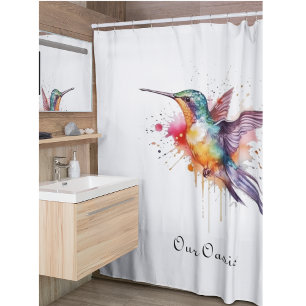 Colourful Flight, watercolor hummingbird custom Shower Curtain