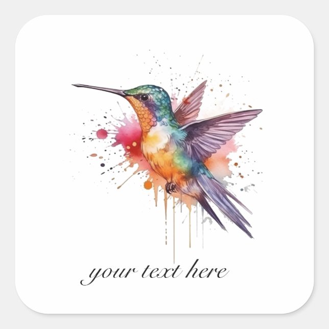 Colourful Flight, watercolor hummingbird custom Square Sticker (Front)