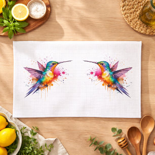 Colourful Flight, watercolor hummingbird  Tea Towel