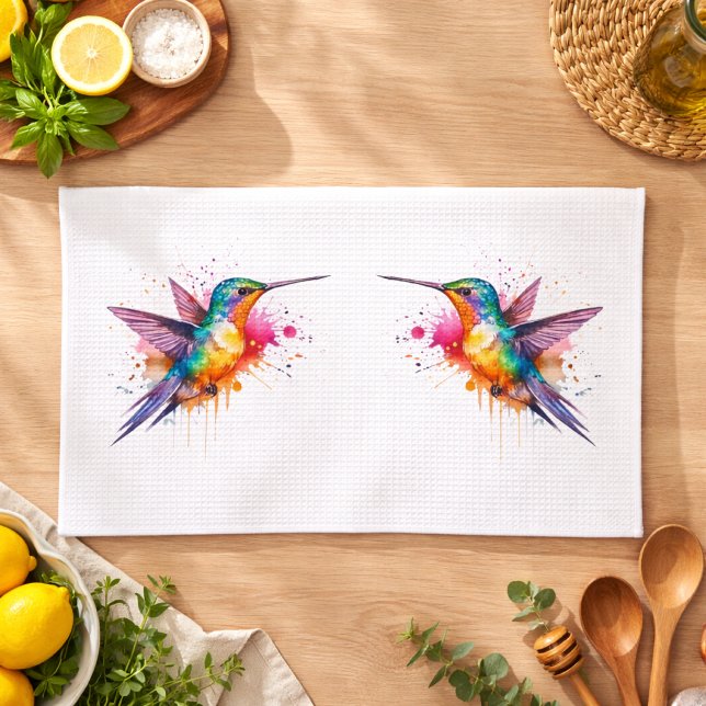 Colourful Flight, watercolor hummingbird  Tea Towel (Creator Uploaded)