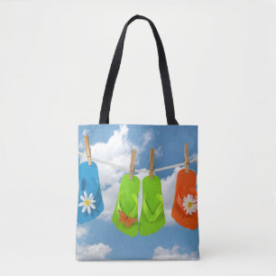 colourful flip-flops on clothesline tote bag