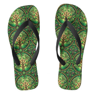 Colourful flip flops with green, leaf-like pattern