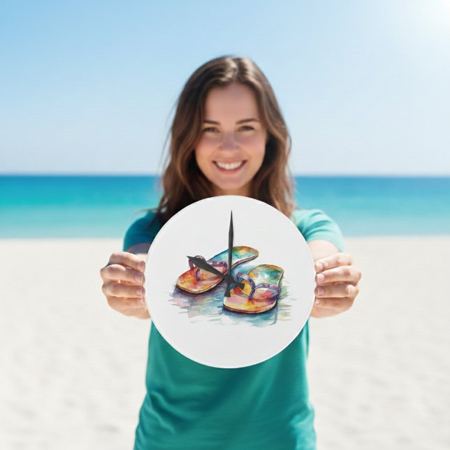 colourful flips flops on a beach in water colour large clock (Creator Uploaded)