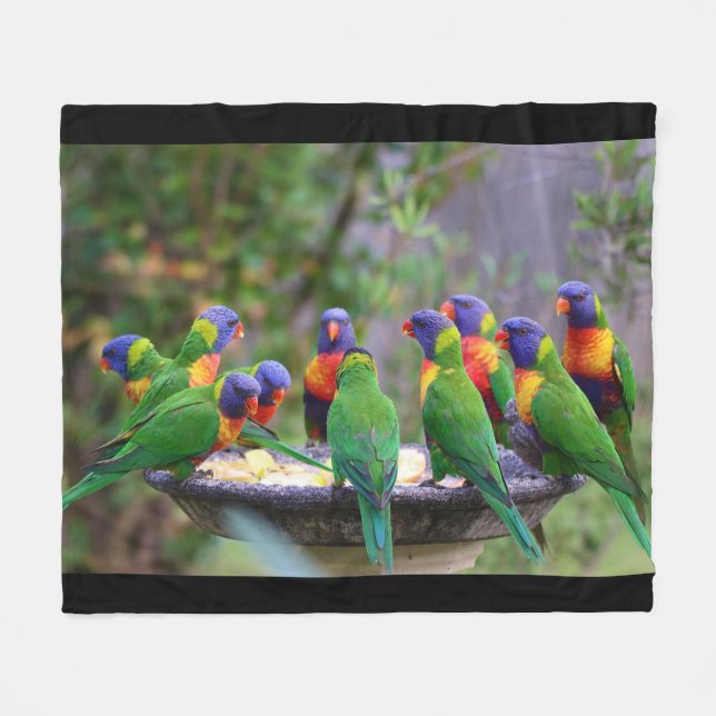 Colourful Flock of Rainbow Lorikeet Birds Fleece Blanket (Front (Horizontal))