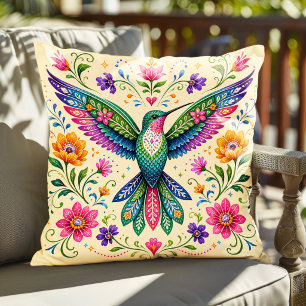 Colourful Flok Art Hummingbird Cushion