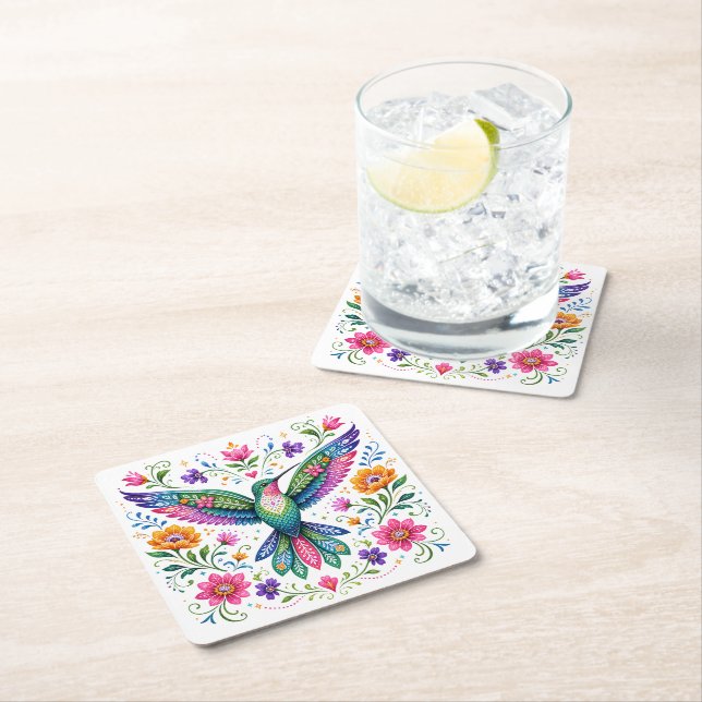 Colourful Flok Art Hummingbird Square Paper Coaster (Insitu)