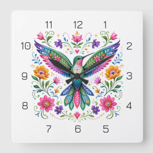 Colourful Flok Art Hummingbird Square Wall Clock
