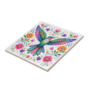 Colourful Flok Art Hummingbird Tile