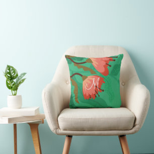 Colourful Flora and Foliage Red on Green Cushion