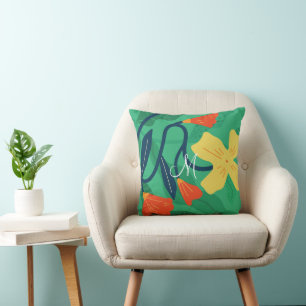 Colourful Flora and Foliage with Yellow on Green Cushion