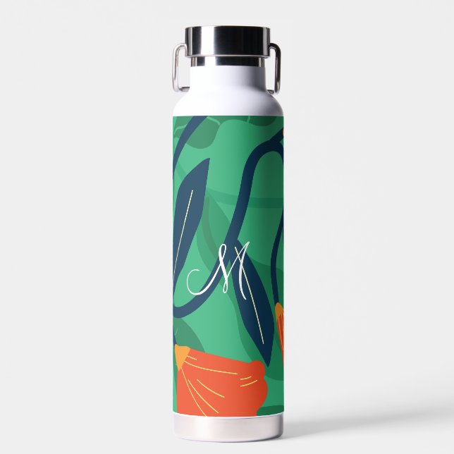 Colourful Flora and Foliage with Yellow on Green Water Bottle (Front)
