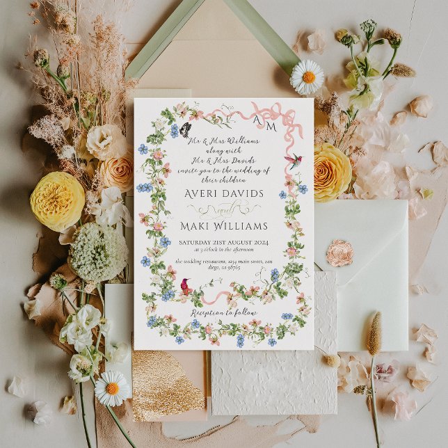 Colourful Flora Bow Garden Elegant Photo Wedding Invitation (Creator Uploaded)