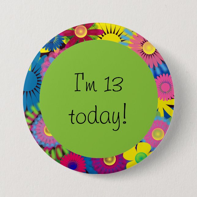 Colourful Floral 13th Birthday Button (Front)