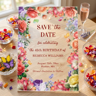 Colourful Floral 45th Birthday Party Save the Date Acrylic Invitations