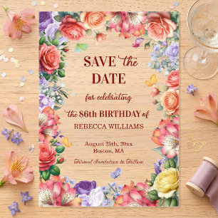 Colourful Floral 86th Birthday Party Save the Date Acrylic Invitations