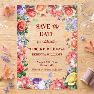 Colourful Floral 90th Birthday Party Save the Date Acrylic Invitations