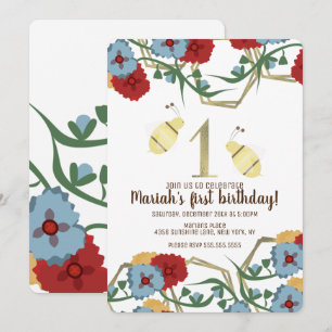 Colourful Floral and Bee Garden  First Birthday Invitation