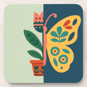 Colourful floral and butterfly split graphic desig coaster