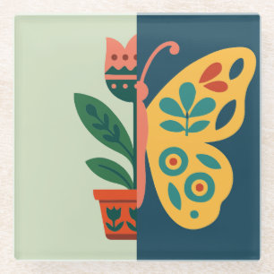 Colourful floral and butterfly split graphic desig glass coaster