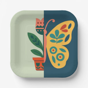 Colourful floral and butterfly split graphic desig paper plate