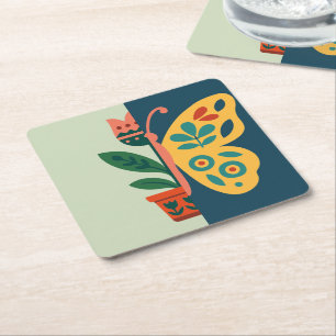 Colourful floral and butterfly split graphic desig square paper coaster
