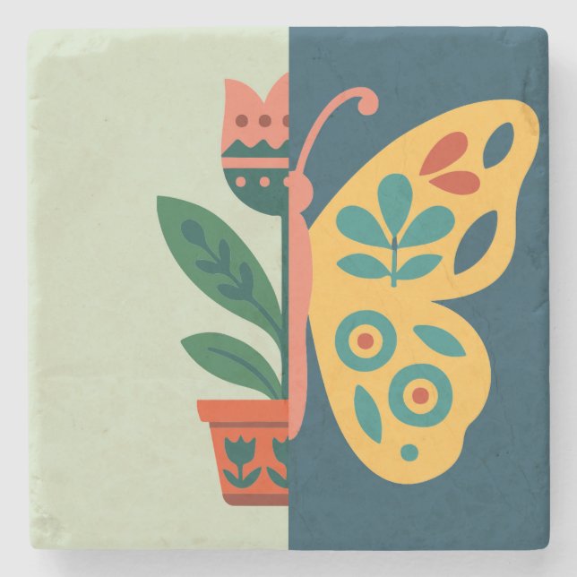 Colourful floral and butterfly split graphic desig stone coaster (Front)
