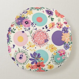 Colourful Floral and Geometric Vintage Boho Patter Round Cushion