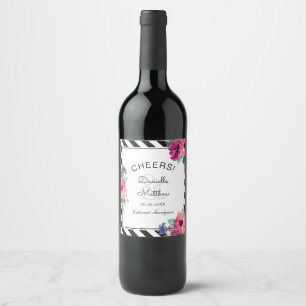 Colourful Floral and Stripes Wedding Wine Label