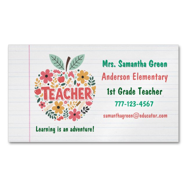 Colourful Floral Apple Teacher Back to School Magnetic Business Card (Front)