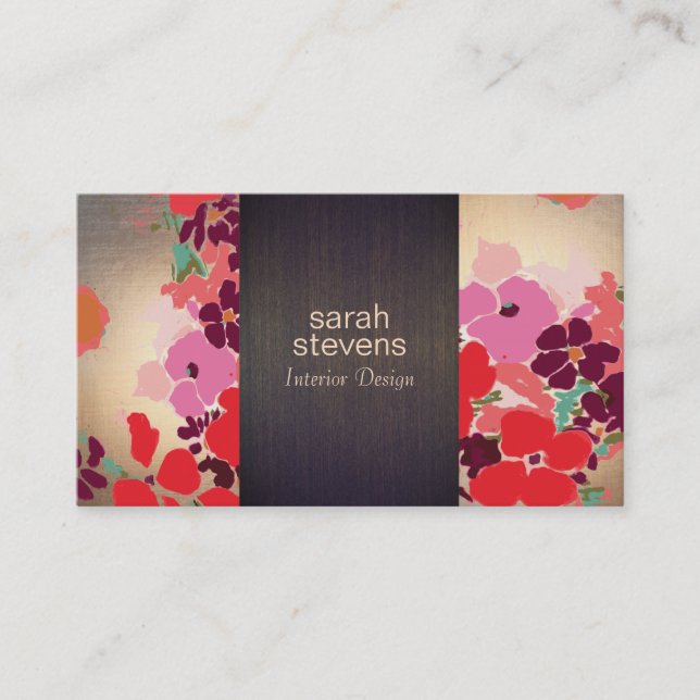 Colourful Floral Art Interior Designer Wood Gold Business Card (Front)