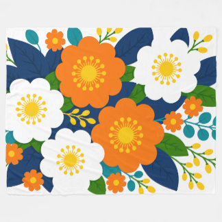 Colourful Floral Art with Orange & White Blossoms Fleece Blanket
