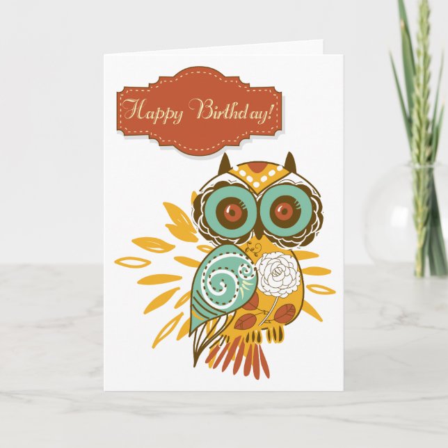 Colourful Floral Autumn Owl Happy Birthday Card (Front)