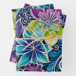 Colourful Floral Batik Art Wrapping Paper Sheets