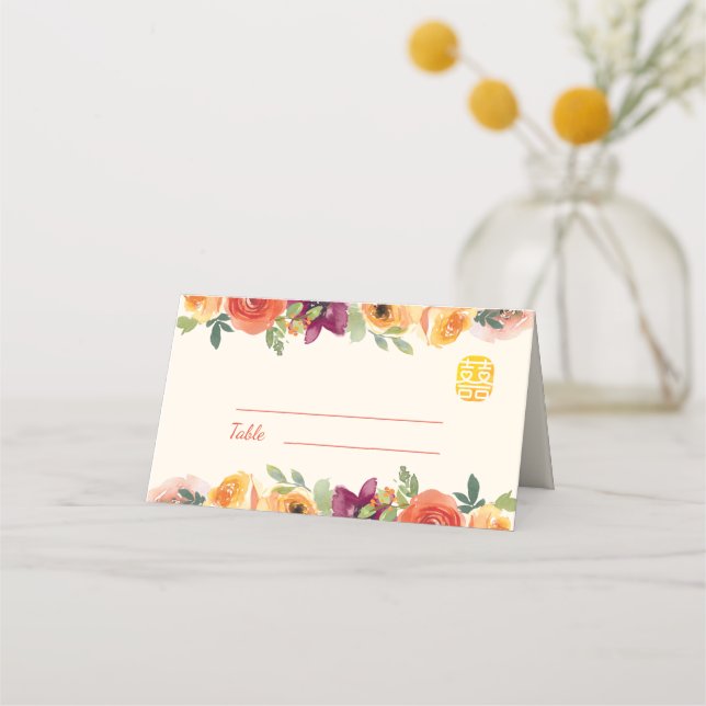 Colourful floral beige Chinese wedding modern Place Card (Front)