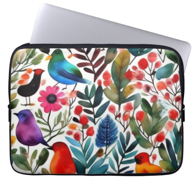 Colourful floral birds laptop sleeve (Front)