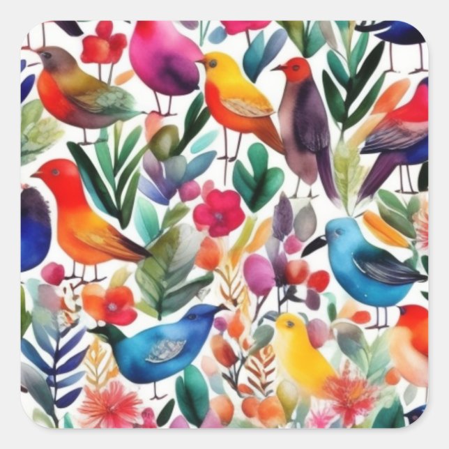 Colourful floral birds square sticker (Front)