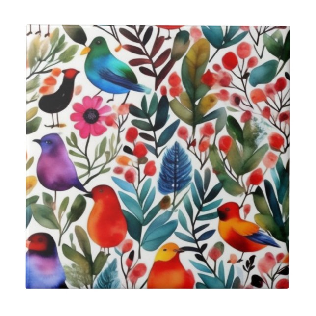 Colourful floral birds tile (Front)