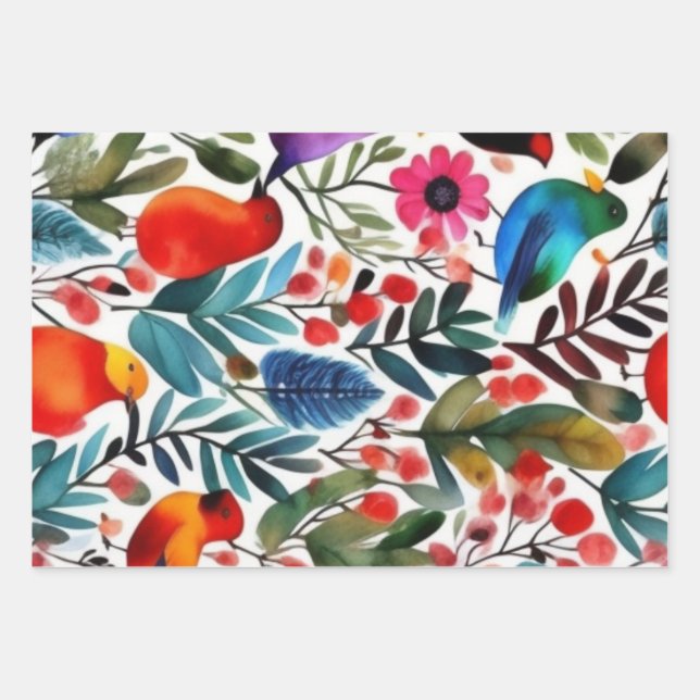Colourful floral birds wrapping paper sheet (Front)